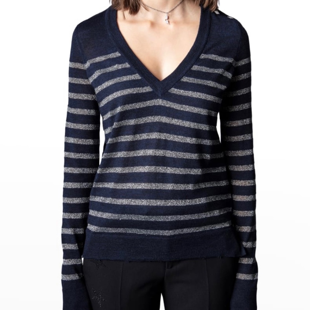 Zadig & Voltaire Messia Navy Striped V-Neck Sweater/Top/Shirt sz MED